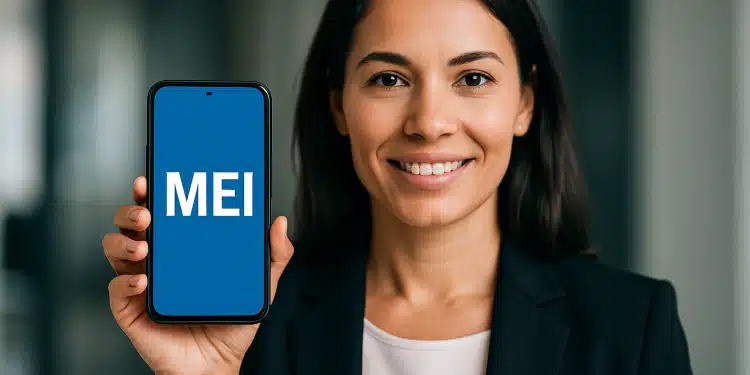 Mulher sorrindo segura um celular com a palavra MEI na tela.