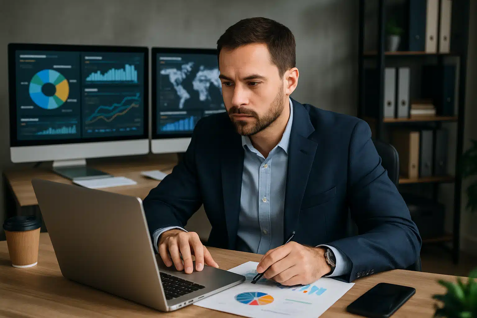 Homem de terno trabalhando em laptop com gráficos na tela