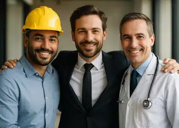 Três homens sorrindo, um com capacete de obra, outro de terno e um trajando jaleco com estetoscópio.