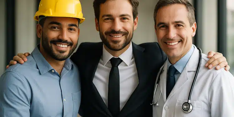 Três homens sorrindo, um com capacete de obra, outro de terno e um trajando jaleco com estetoscópio.