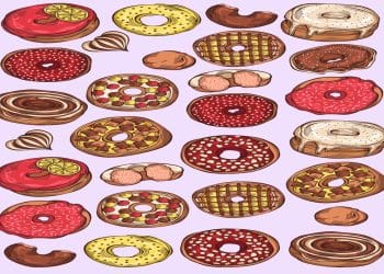 Desafio visual com várias rosquinhas ilustradas, cobertas por glacês coloridos, algumas decoradas com frutas e calda, sobre um fundo lilás.