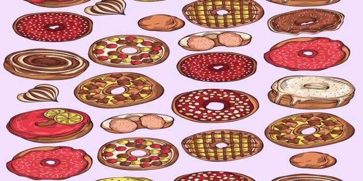 Desafio visual com várias rosquinhas ilustradas, cobertas por glacês coloridos, algumas decoradas com frutas e calda, sobre um fundo lilás.