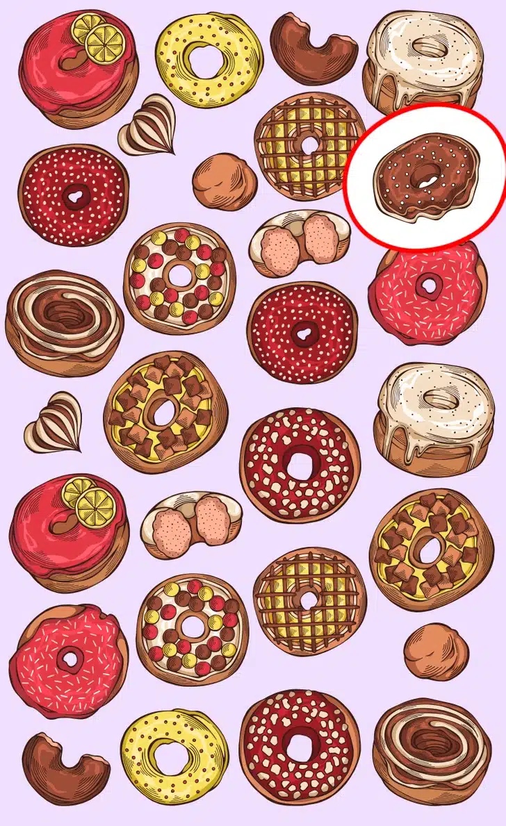 Desafio visual com várias rosquinhas ilustradas, cobertas por glacês coloridos, algumas decoradas com frutas e calda, sobre um fundo lilás.