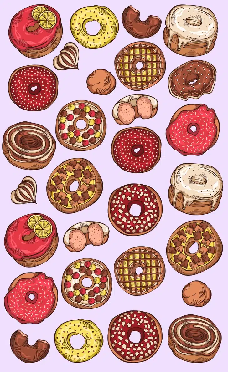 Desafio visual com várias rosquinhas ilustradas, cobertas por glacês coloridos, algumas decoradas com frutas e calda, sobre um fundo lilás.