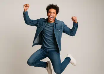 Homem jovem pulando com expressão de felicidade.