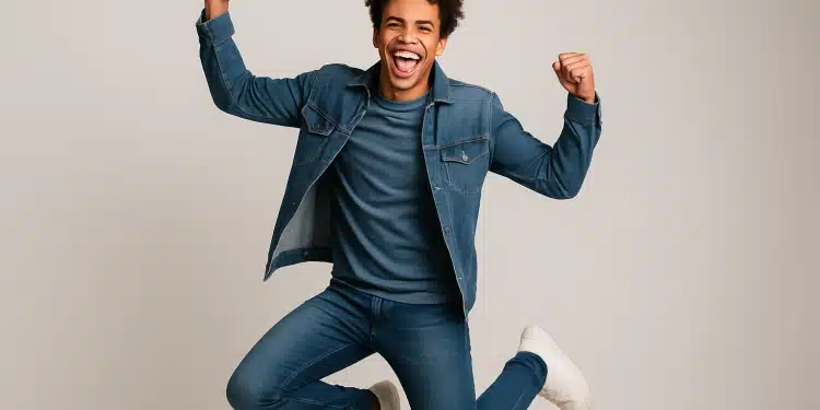 Homem jovem pulando com expressão de felicidade.