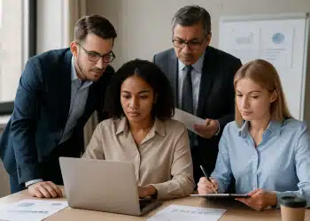 Equipe de quatro pessoas em reunião de trabalho analisando informações em um laptop.