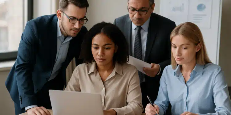 Equipe de quatro pessoas em reunião de trabalho analisando informações em um laptop.