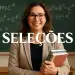 Professora sorridente segurando livros na frente de um quadro-negro, com a palavra 'SELEÇÕES' em destaque,