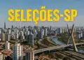 Vista aérea de São Paulo com destaque para a Ponte Estaiada e o texto 'Seleções-SP'.