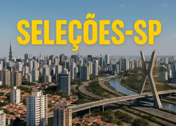 Vista aérea de São Paulo com destaque para a Ponte Estaiada e o texto 'Seleções-SP'.