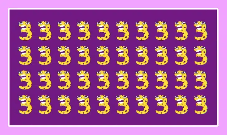 Teste visual com vários números 3 amarelos com manchas roxas e rostos animados sobre fundo roxo