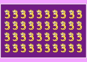 Teste visual com vários números 3 amarelos com manchas roxas e rostos animados sobre fundo roxo