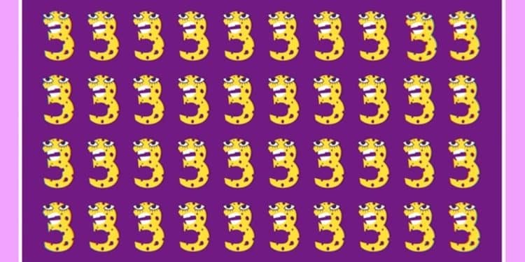 Teste visual com vários números 3 amarelos com manchas roxas e rostos animados sobre fundo roxo