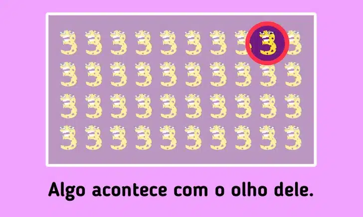 Teste visual com vários números 3 amarelos com manchas roxas e rostos animados sobre fundo roxo