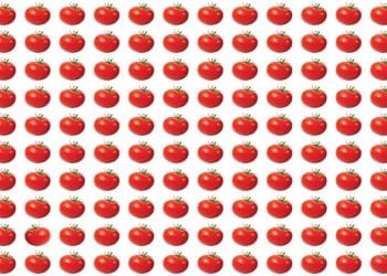 Teste de atenção com vários tomates vermelhos alinhados, um diferente entre eles, sobre fundo branco