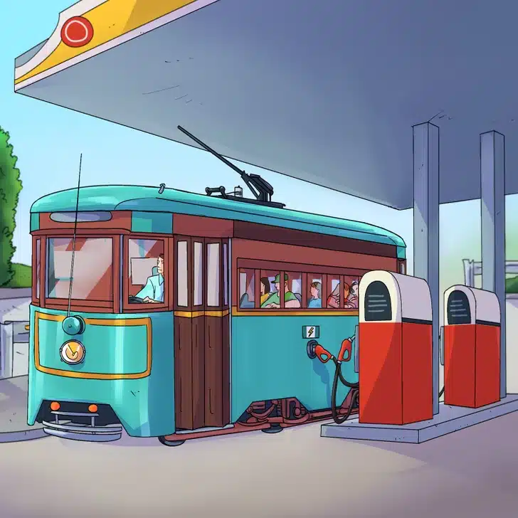 Teste de percepção com um bondinho antigo parado junto às bombas de combustível em posto de gasolina com passageiros