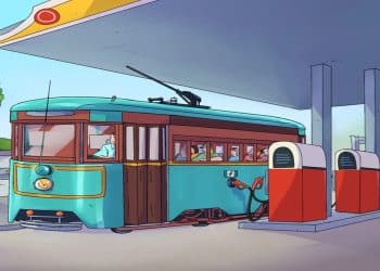 Teste de percepção com um bondinho antigo parado junto às bombas de combustível em posto de gasolina com passageiros