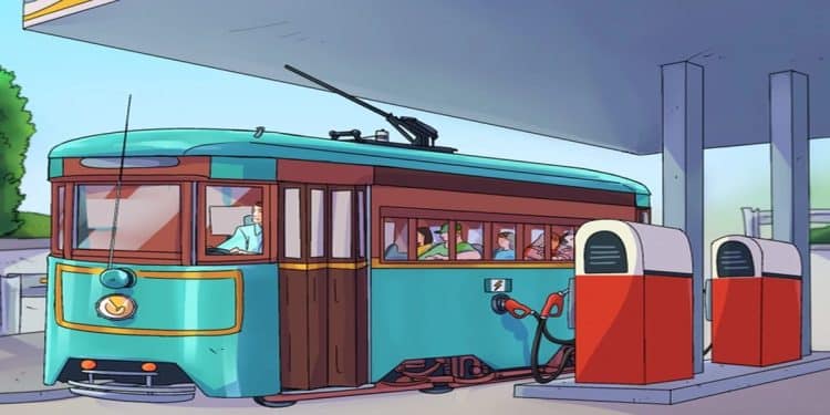 Teste de percepção com um bondinho antigo parado junto às bombas de combustível em posto de gasolina com passageiros