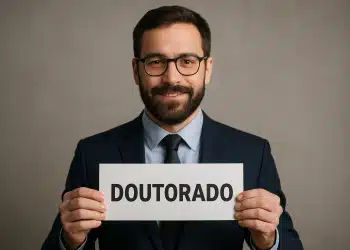 Homem sorridente de terno segurando placa com a palavra 'Doutorado'.