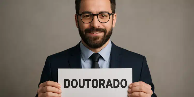 Homem sorridente de terno segurando placa com a palavra 'Doutorado'.