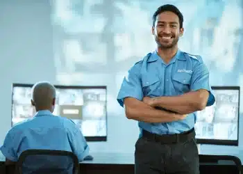 Vigilante de segurança em sala de controle, com foco na vigilância e prevenção de crimes.