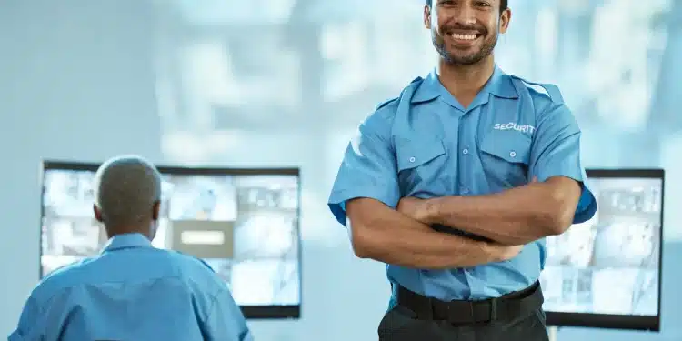 Vigilante de segurança em sala de controle, com foco na vigilância e prevenção de crimes.