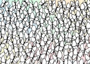 Borboletas desenhadas em preto e branco agrupadas sobre fundo em tons pastéis.