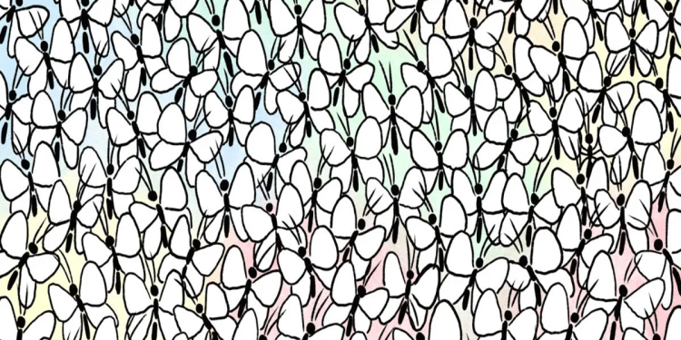 Borboletas desenhadas em preto e branco agrupadas sobre fundo em tons pastéis.