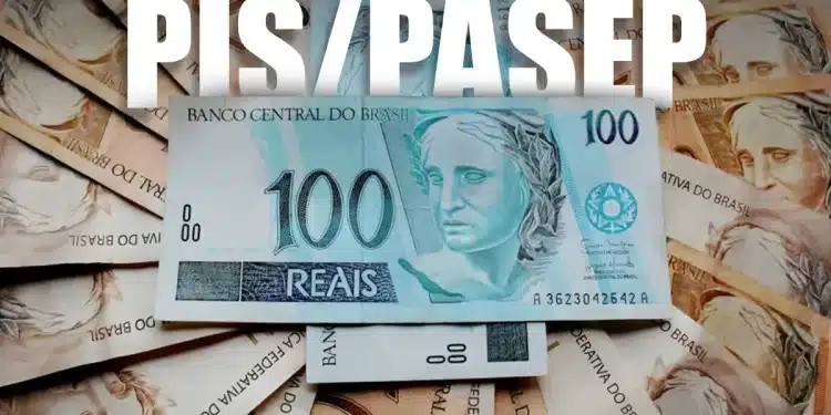 Notas de cem reais espalhadas com texto abono salarial PIS PASEP em destaque representando pagamentos de 2026
