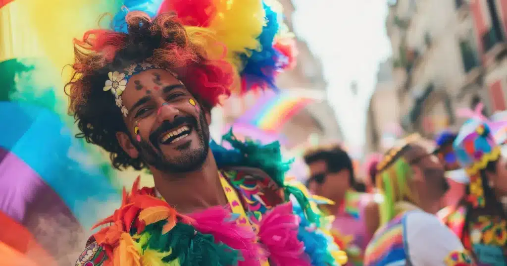 Homem fantasiado e sorridente participa de bloco de Carnaval com adereços coloridos e bandeira arco-íris ao fundo.