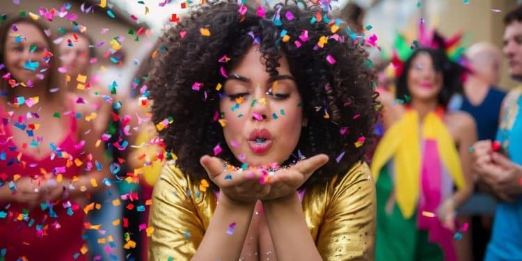 Mulher jovem de cabelos cacheados e jaqueta dourada soprando confetes coloridos em uma festa de rua animada durante o Carnaval.