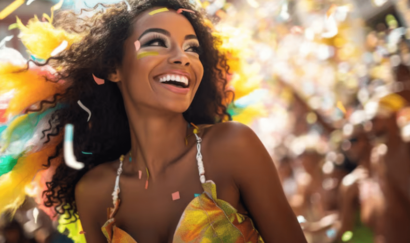 Mulher sorrindo e comemorando o Carnaval com confetes coloridos e fantasia festiva.