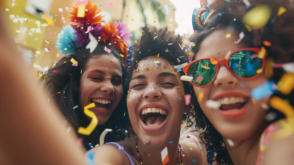 Três mulheres sorrindo e se divertindo durante o Carnaval, com confetes e brilho espalhados ao redor.