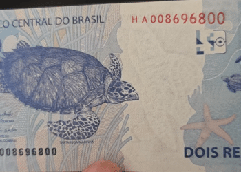 Close detalhado de uma cédula de 2 reais da segunda família do Real, focando na numeração de série tipo "radar" ou "espelho" que se lê igual de trás para frente.