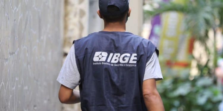 Homem de costas usando o colete azul oficial do IBGE, com o logotipo do Instituto Brasileiro de Geografia e Estatística em destaque, caminhando por uma rua estreita durante o trabalho de coleta de dados.