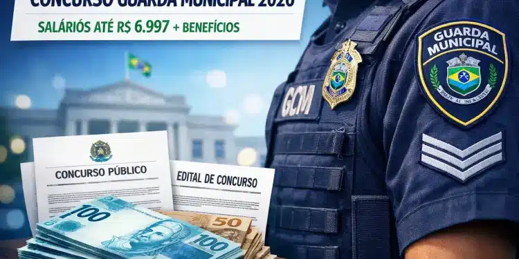 Uniforme de guarda municipal ao lado de edital e dinheiro sobre mesa em cenário oficial