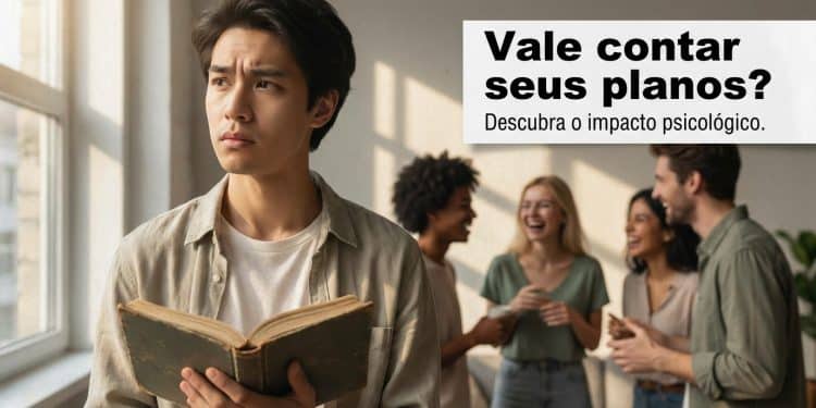 Homem segurando livro olha pensativo para janela enquanto grupo conversa ao fundo descontraído