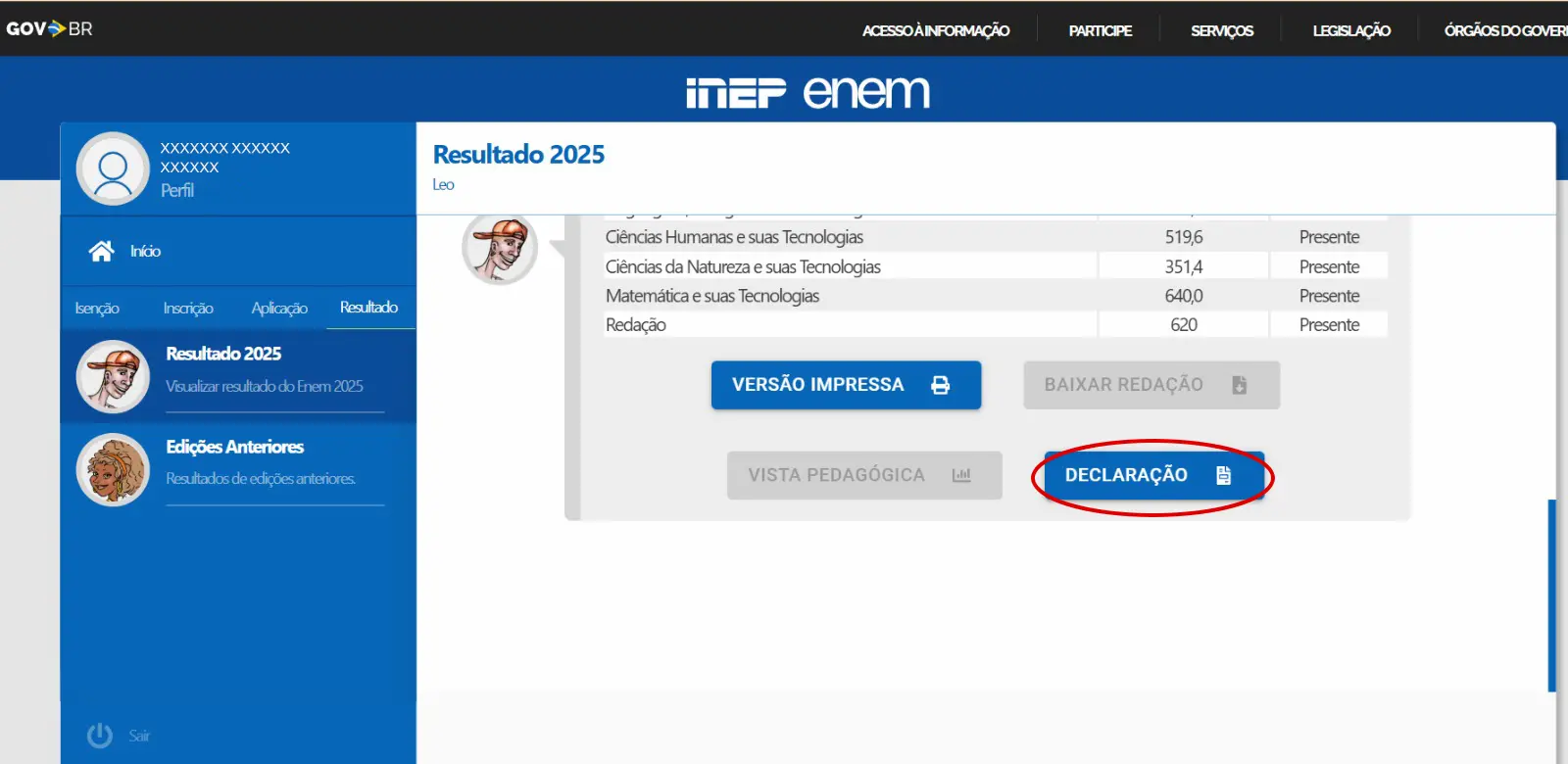 Tela da Página do Participante com destaque para a opção de download da Declaração de Certificação do Enem 2025.