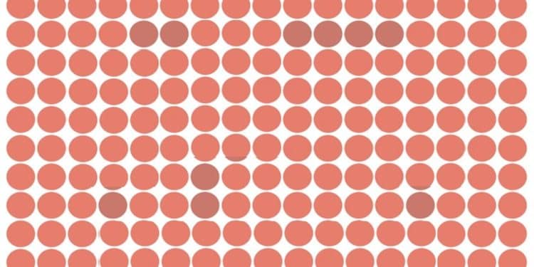 Desafio lógico com vários círculos laranja organizados lado a lado com um cilindro camuflado.