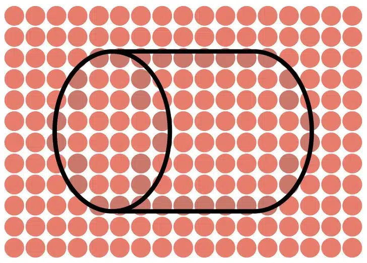 Desafio lógico com vários círculos laranja organizados lado a lado com um cilindro camuflado