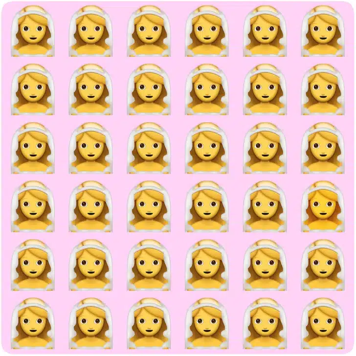 Desafio visual com diversos emojis de noivas organizados em linhas e uma delas apresenta visual diferente