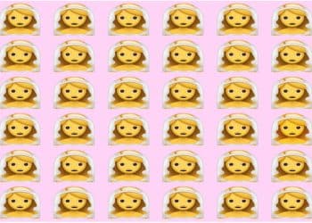 Desafio visual com diversos emojis de noivas organizados em linhas e uma delas apresenta visual diferente