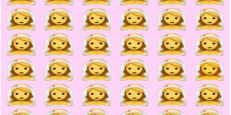 Desafio visual com diversos emojis de noivas organizados em linhas e uma delas apresenta visual diferente
