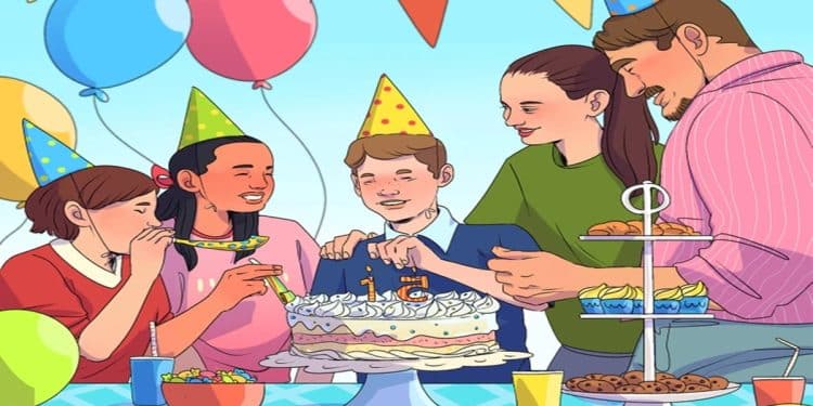 Desafio visual com um grupo de crianças e adulto ao redor de bolo de aniversário decorado, sorrindo e usando chapéus coloridos