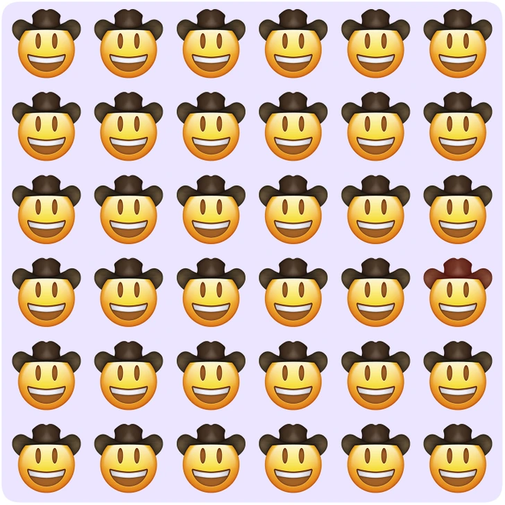 Desafio visual com diversos emojis de cowboy sorrindo, um deles com chapéu marrom mais escuro