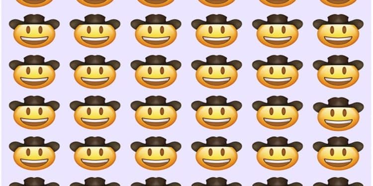 Desafio visual com diversos emojis de cowboy sorrindo, um deles com chapéu marrom mais escuro