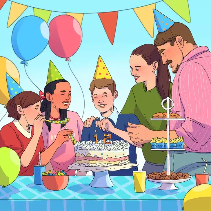 Desafio visual com um grupo de crianças e adulto ao redor de bolo de aniversário decorado, sorrindo e usando chapéus coloridos