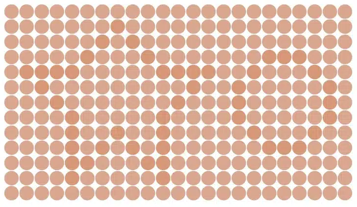 Desafio visual com vários círculos cor de cobre organizados em linhas e colunas sobre fundo branco