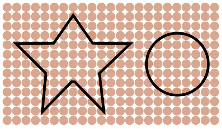 Desafio visual com vários círculos cor de cobre organizados em linhas e colunas sobre fundo branco